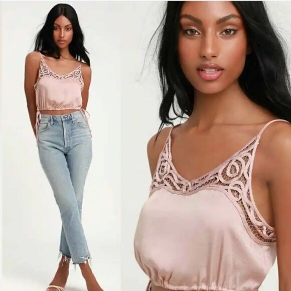 Free People Blouson Satin Crochet Lace Crop Top Size S - Picture 8 of 10